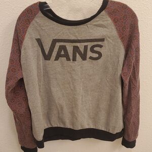 Vans Gray Sweatshirt with Black Logo and Red Patterned Sleeves